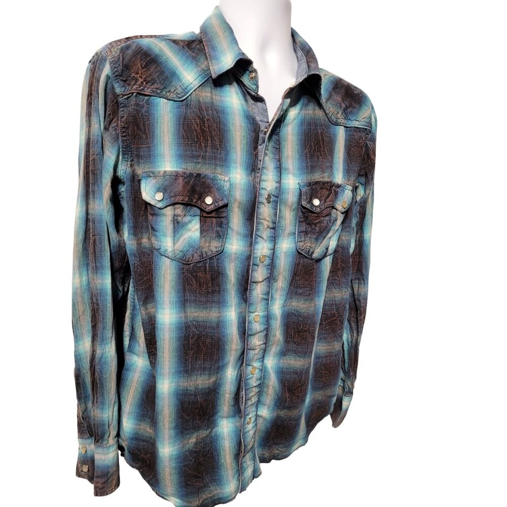 Petrol Industries Mens L Plaid Western Shirt Pearl Snap Blue Brown 100% Cotton - Picture 5 of 12